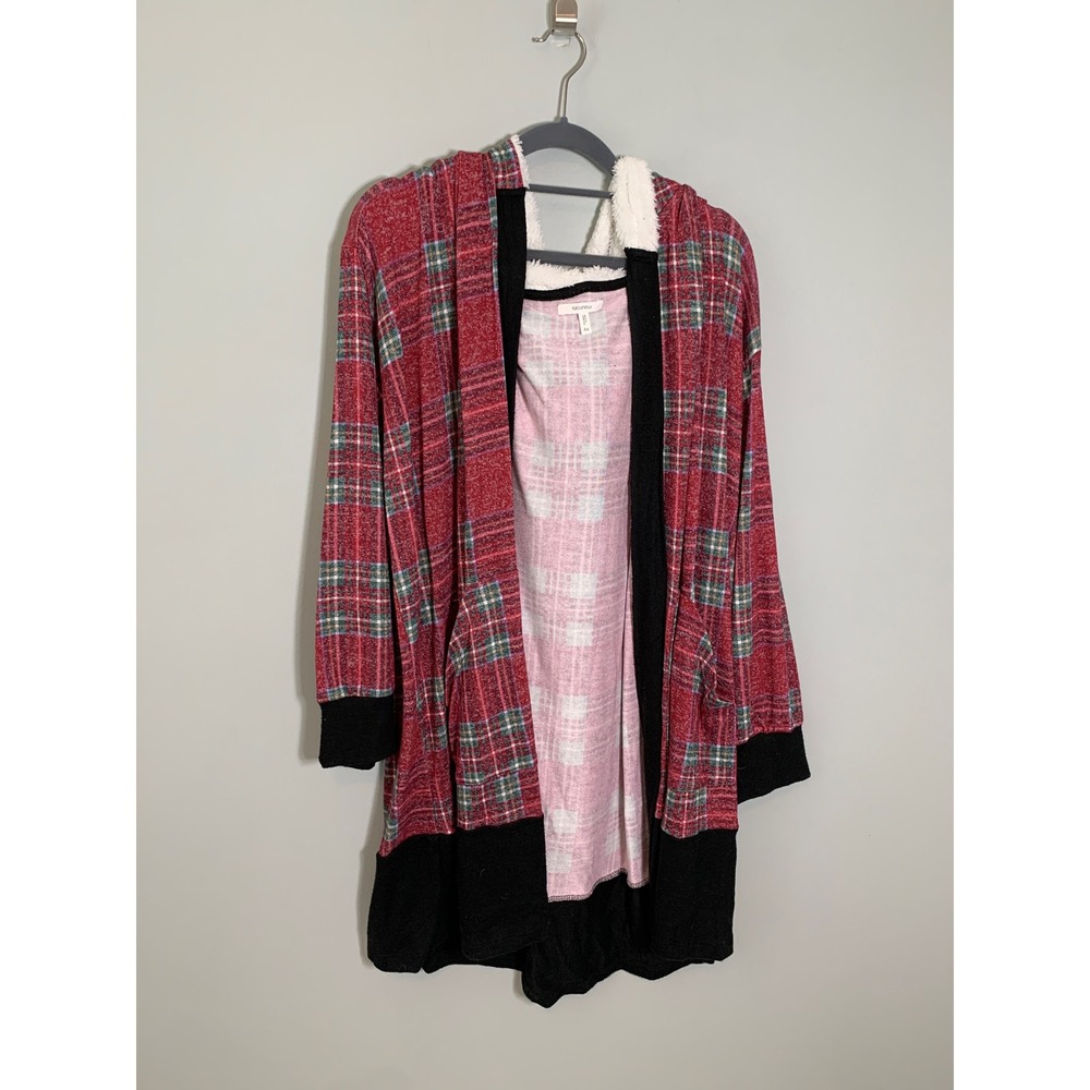 Maurices Plaid Hooded Cardigan Women 4X Red Black Faux Shearling Trim Open Front